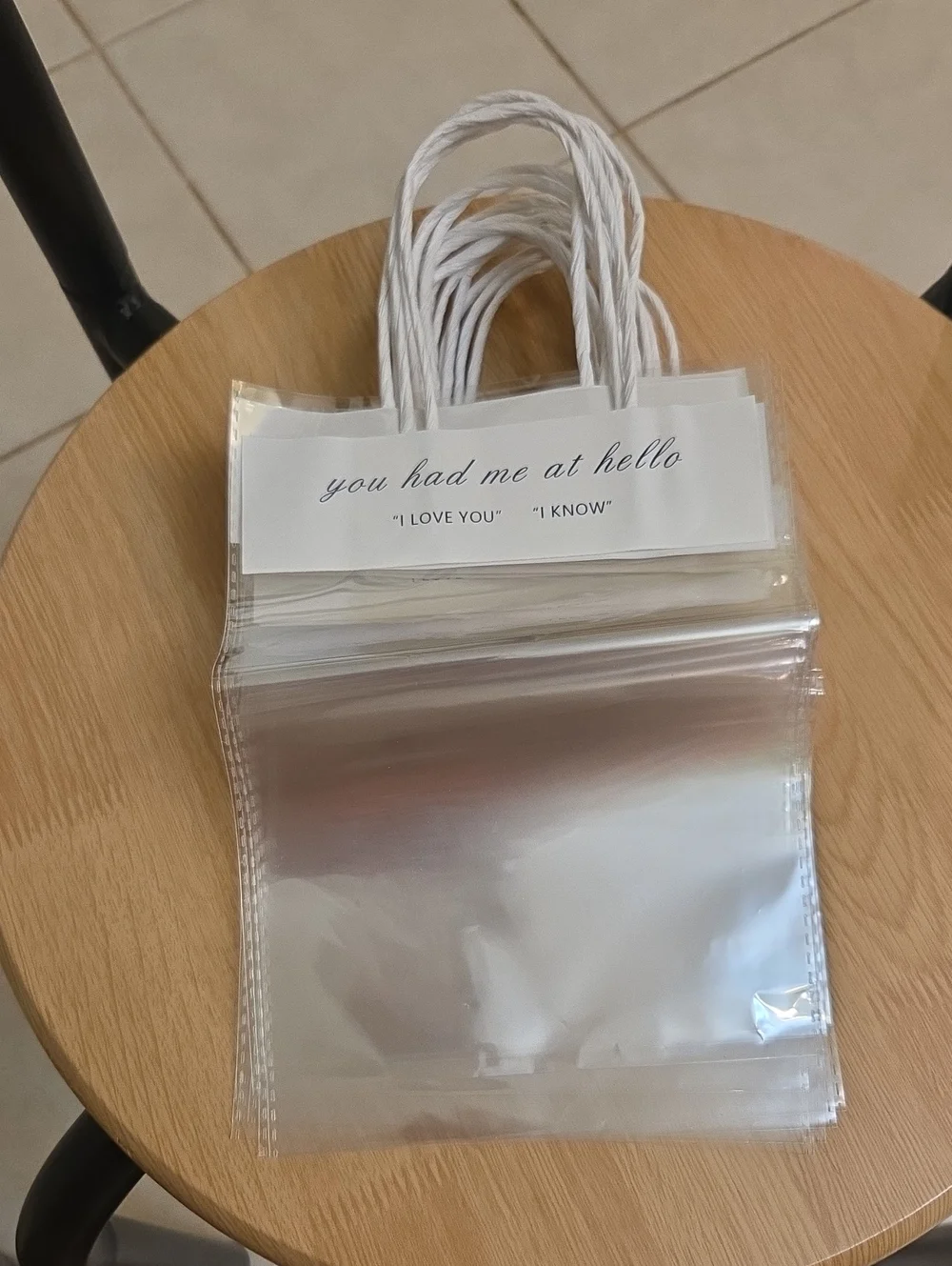 Clear Party Favor Bags with White Handles - You Had Me At Hello